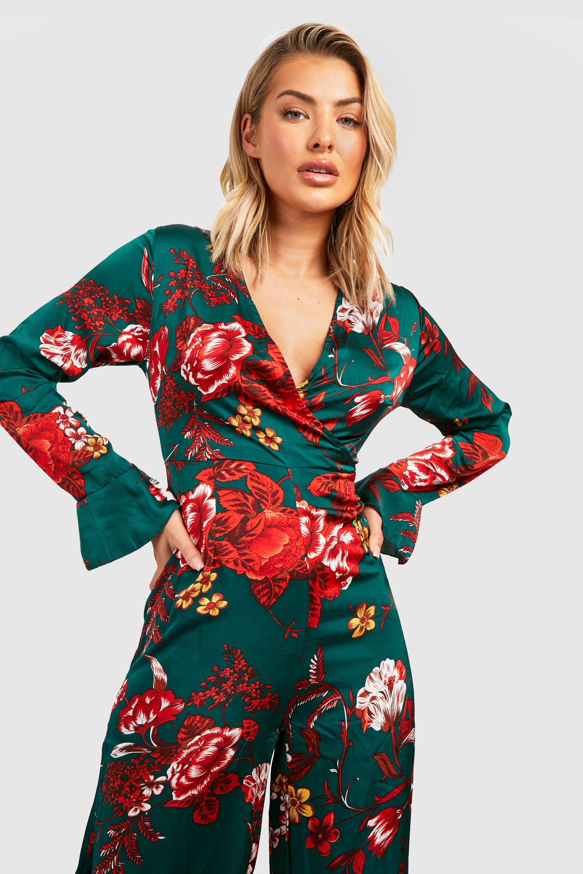 Satin Wrap Floral Wide Leg Jumpsuit | boohoo