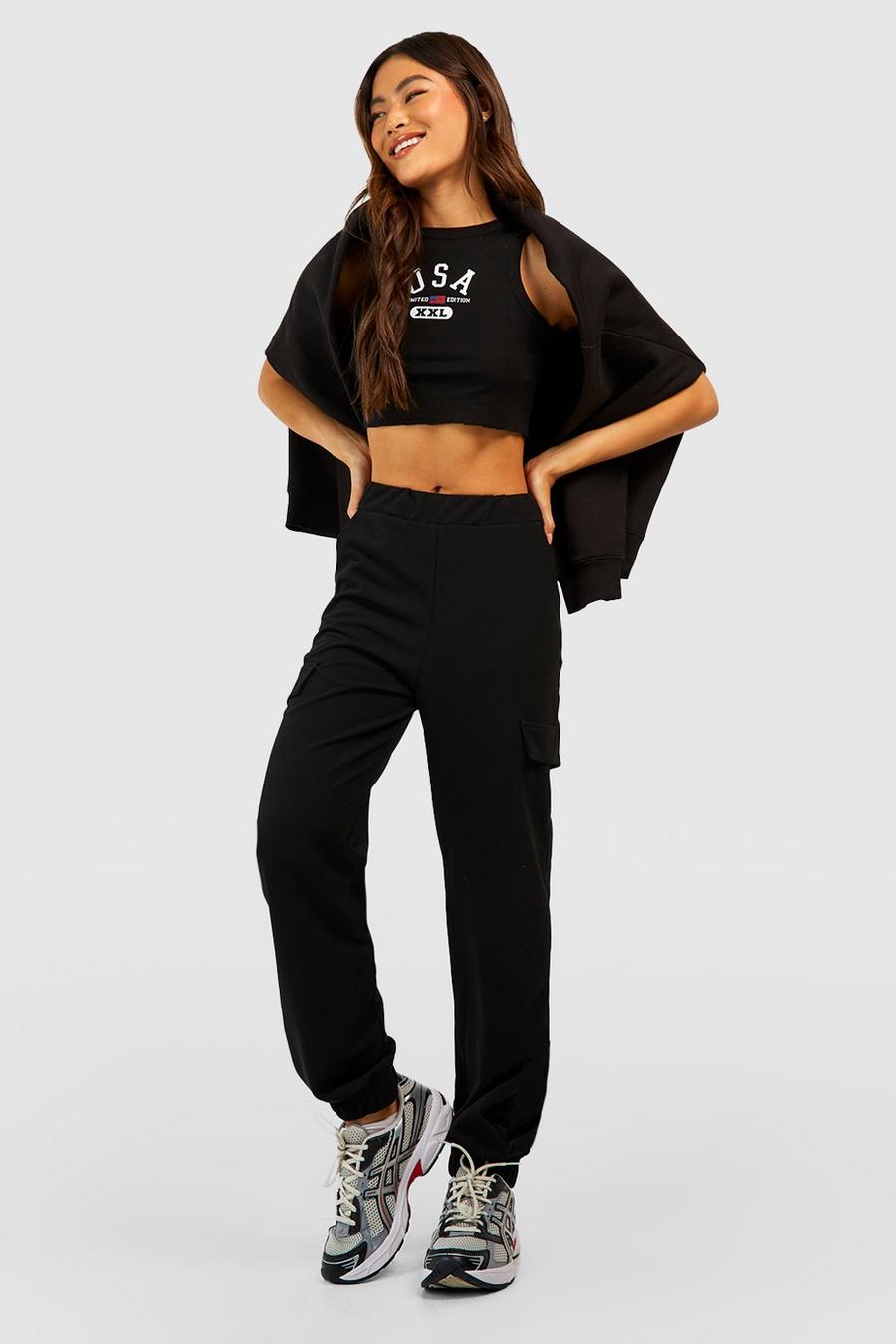 Black High Waisted Crepe Cargo Joggers image number 1