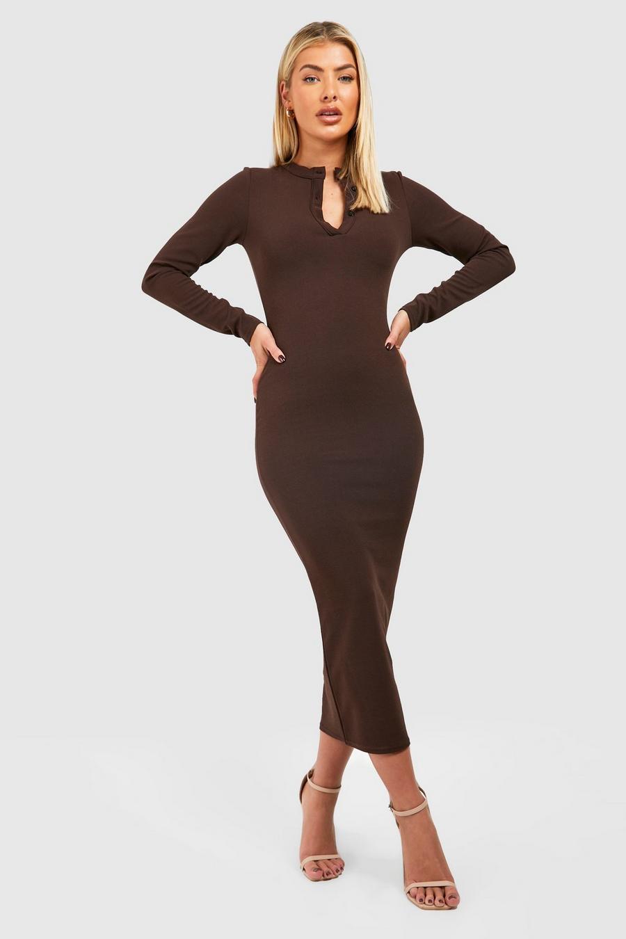 Chocolate brown Long Sleeve Button Detail Midi Dress image number 1