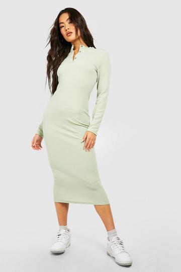 Sage Green Long Sleeve Button Detail Midaxi Dress