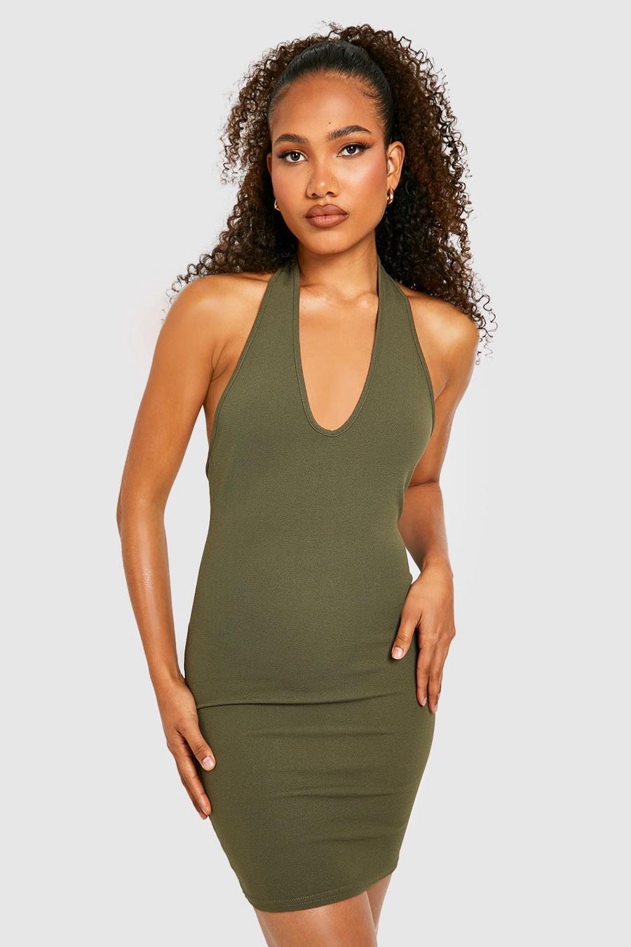 Olive verde Halterneck Plunge Mini Dress