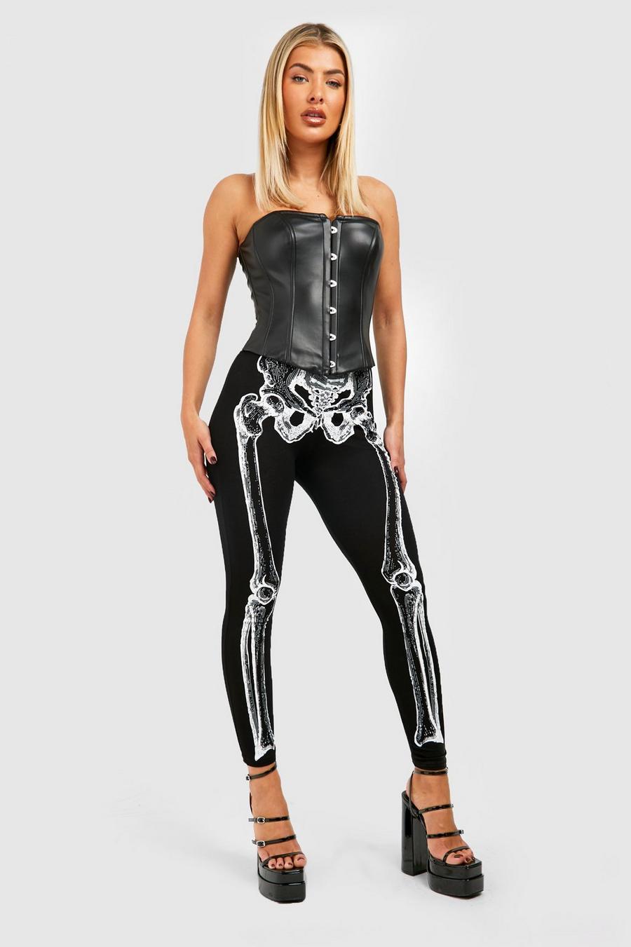 Black Halloween Skelett Leggings med hög midja image number 1