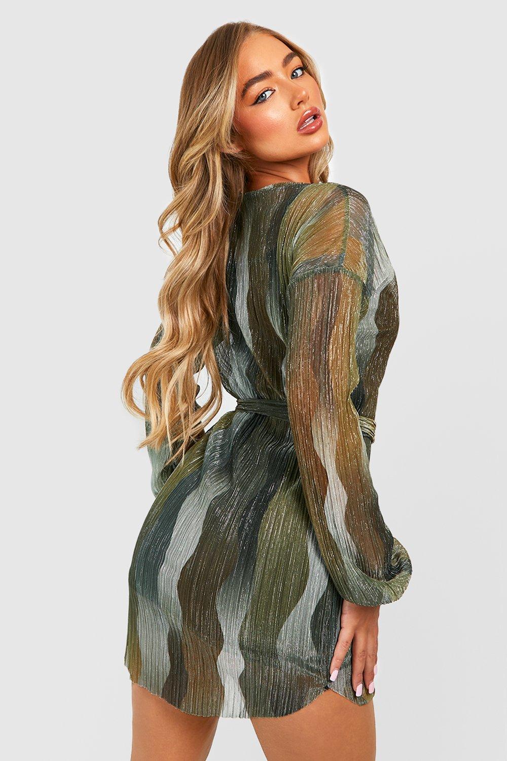 Gold plisse balloon 2024 sleeve sheer shift dress