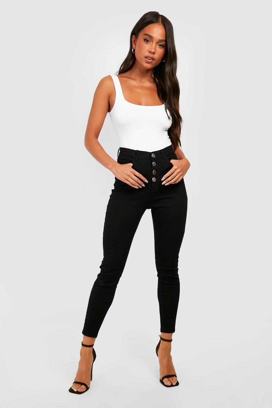 Black Petite Button Detail Skinny Jeans  image number 1