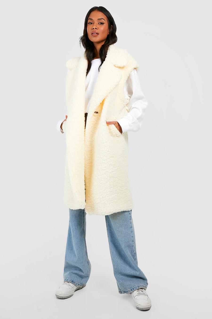 Abrigo largo de borreguito y pelo sintético, Ecru blanco image number 1