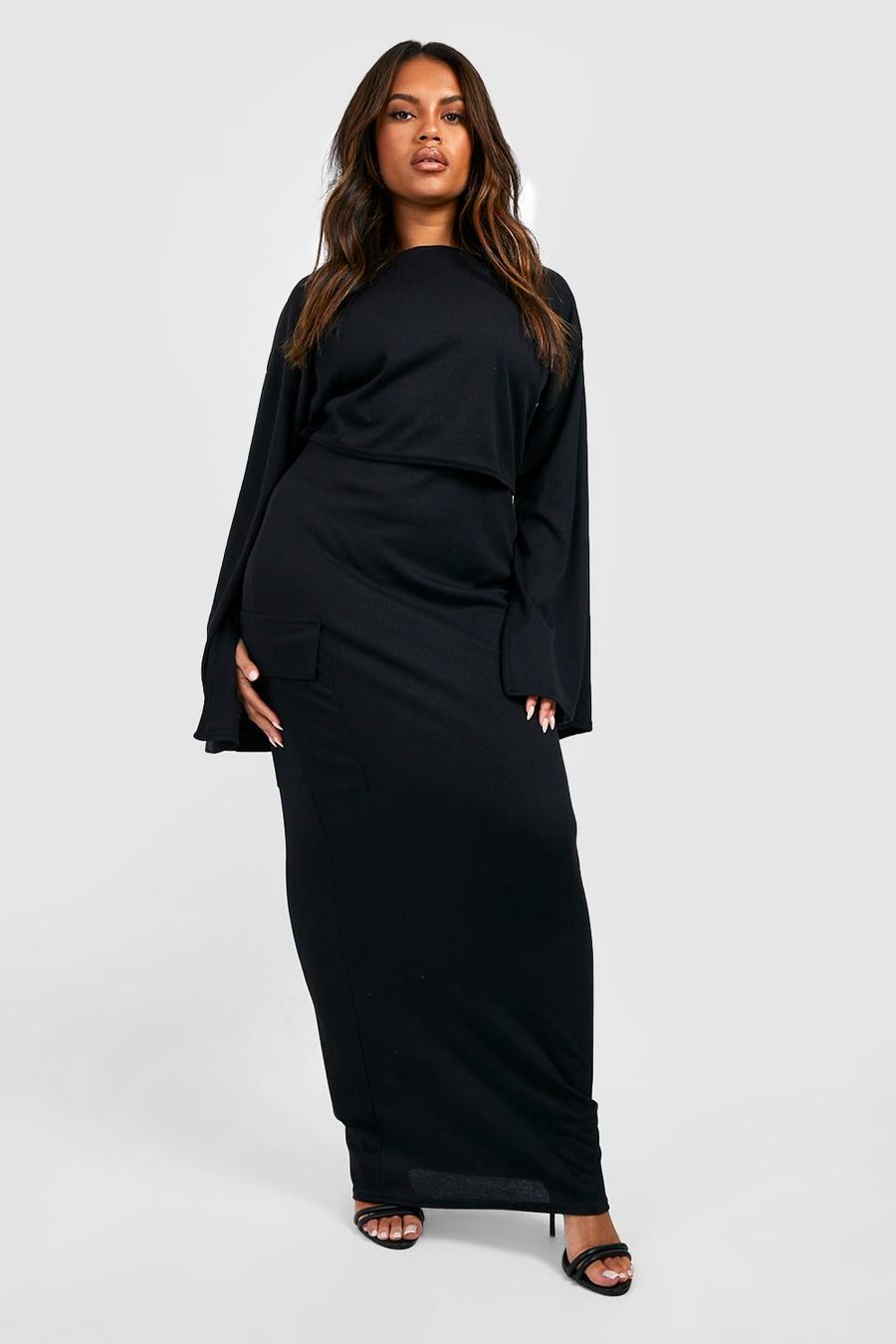 Black Plus Rib Flare Sleeve Top & Cargo Pocket Maxi Skirt Co-ord image number 1