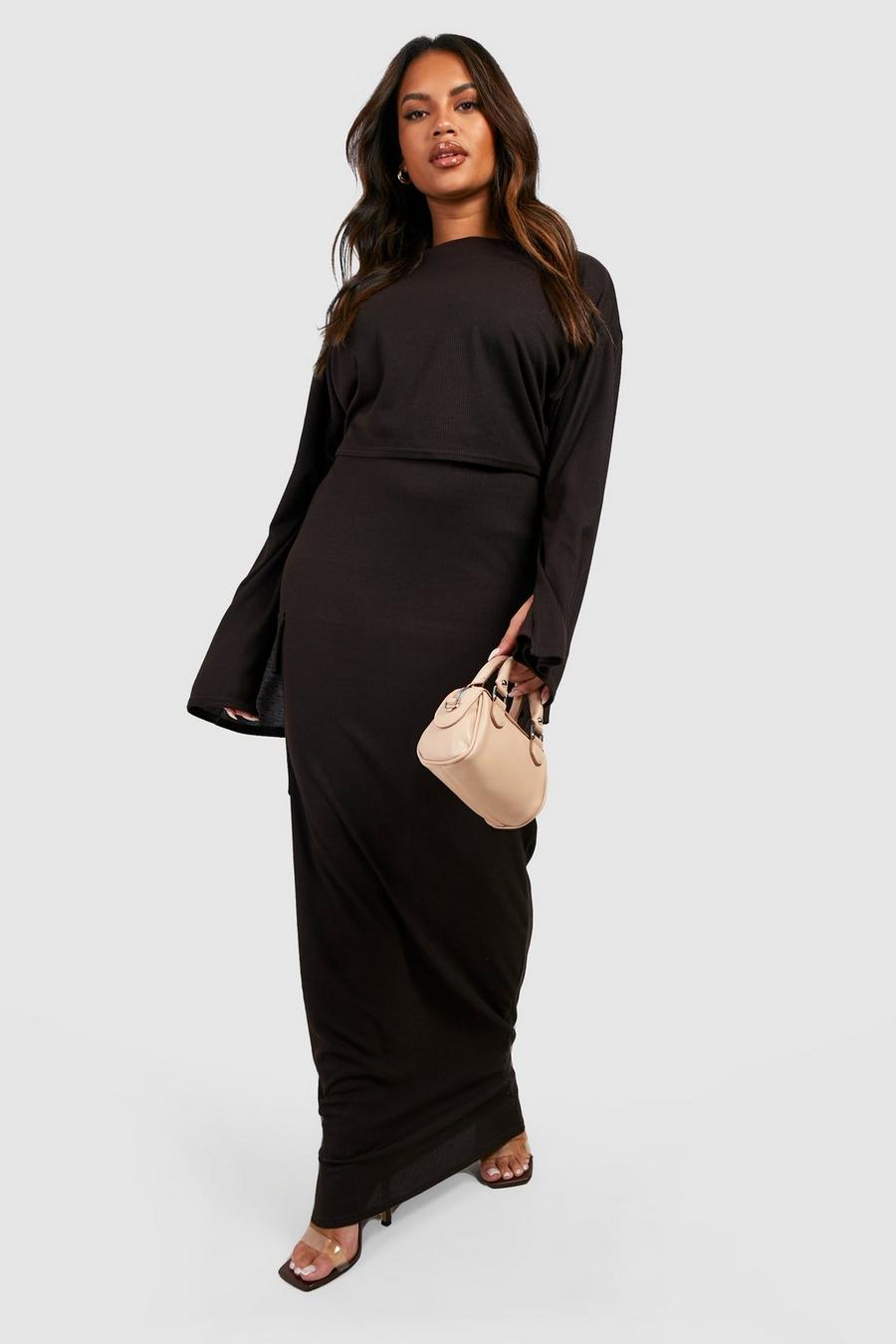 Chocolate Plus Rib Flare Sleeve Top & Cargo Pocket Maxi Skirt Co-ord image number 1
