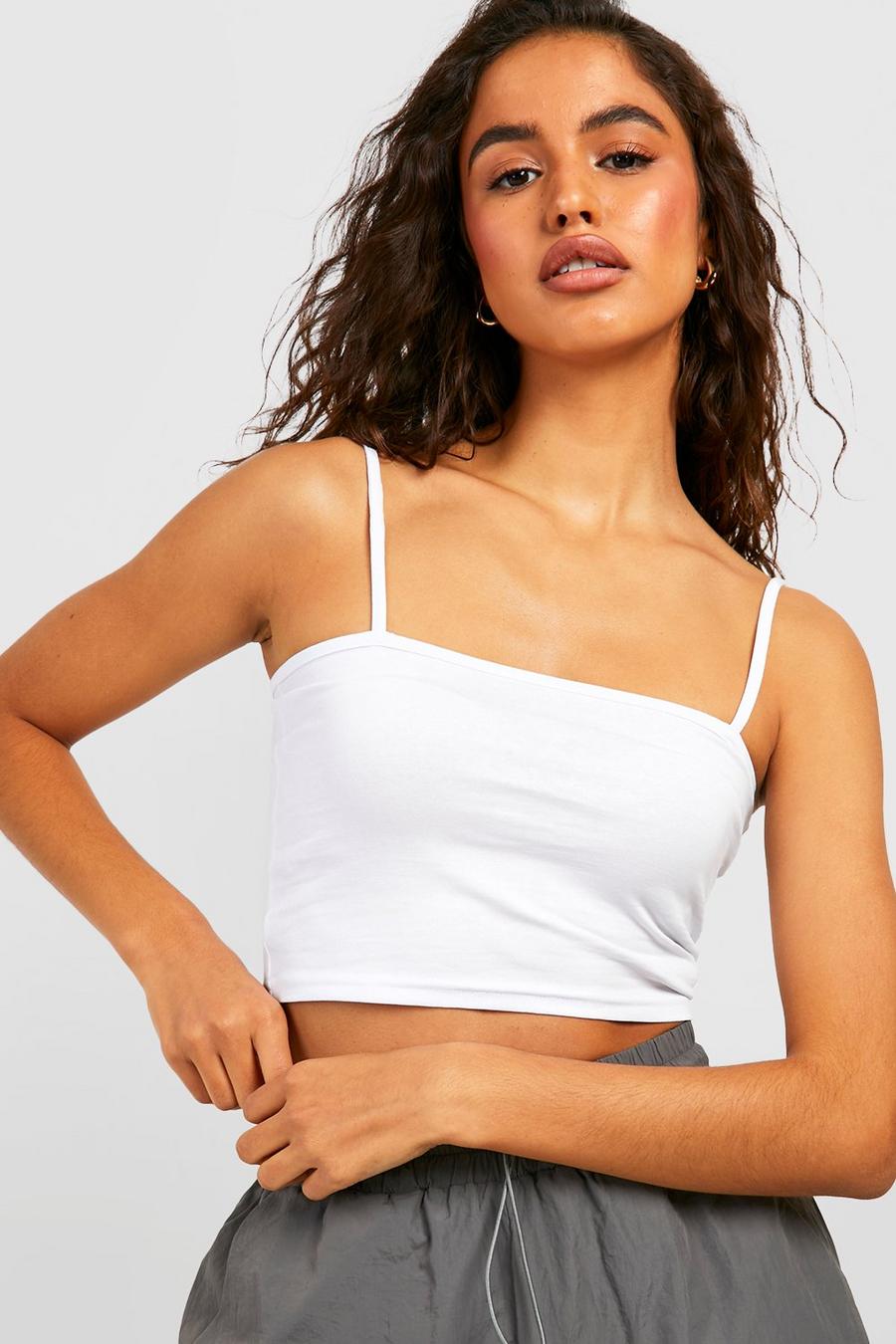 White Square Neck Cotton Blend Crop Top image number 1