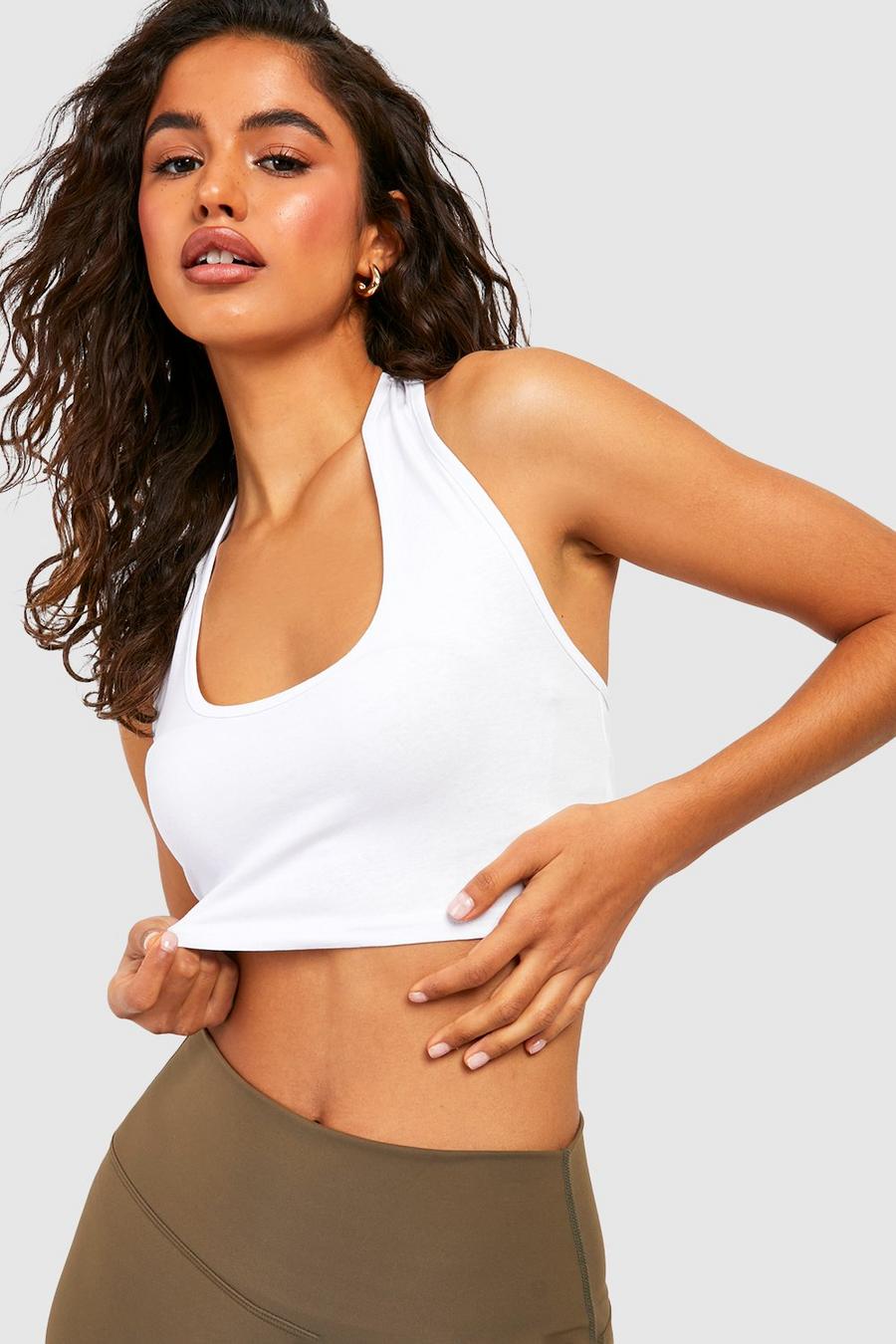 Boohoo Halter Strappy Rib Crop Top in White