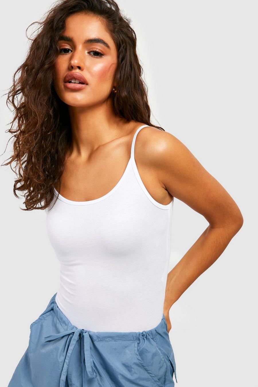 White Square Neck Strappy Cotton Blend Bodysuit image number 1