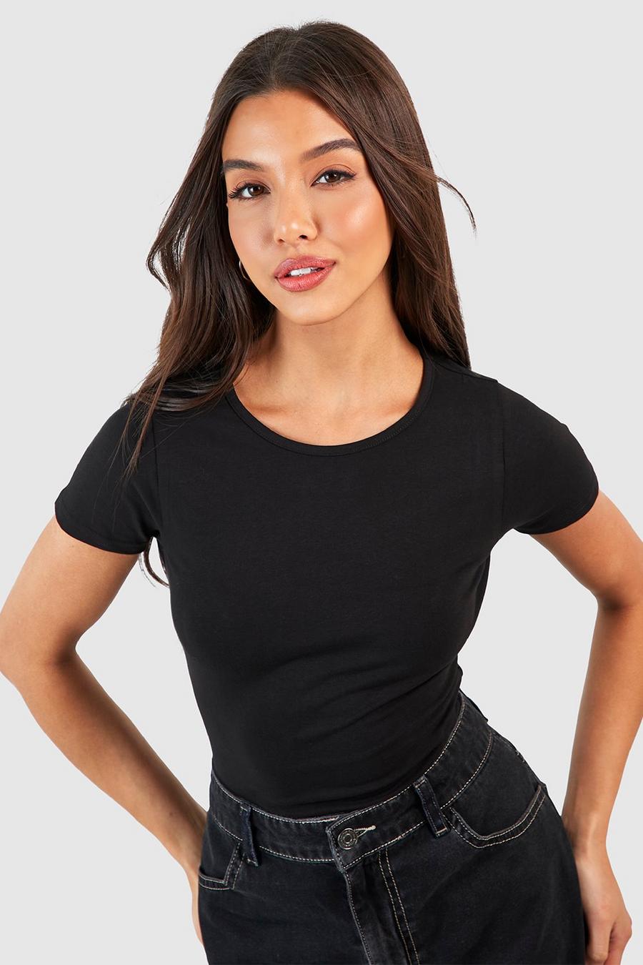 Black Round Neck Short Sleeve Cotton Blend Bodysuit image number 1