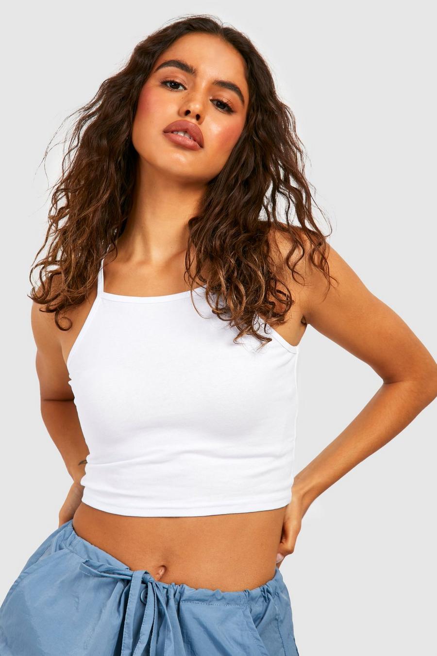 White Strappy Racer Cotton Blend Crop Top image number 1