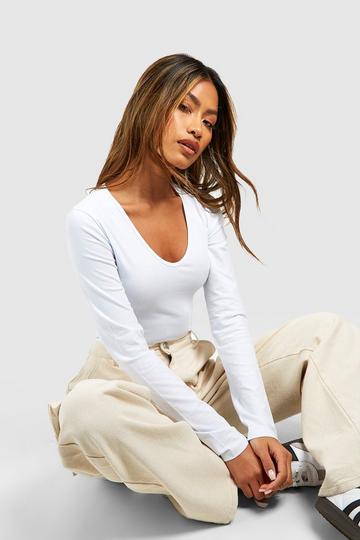 Long Sleeve V Neck Cotton Blend Bodysuit white