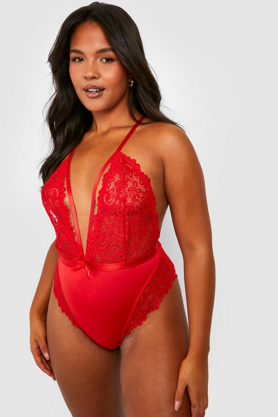 Red Plus Strapping Lace Bodysuit image number 1
