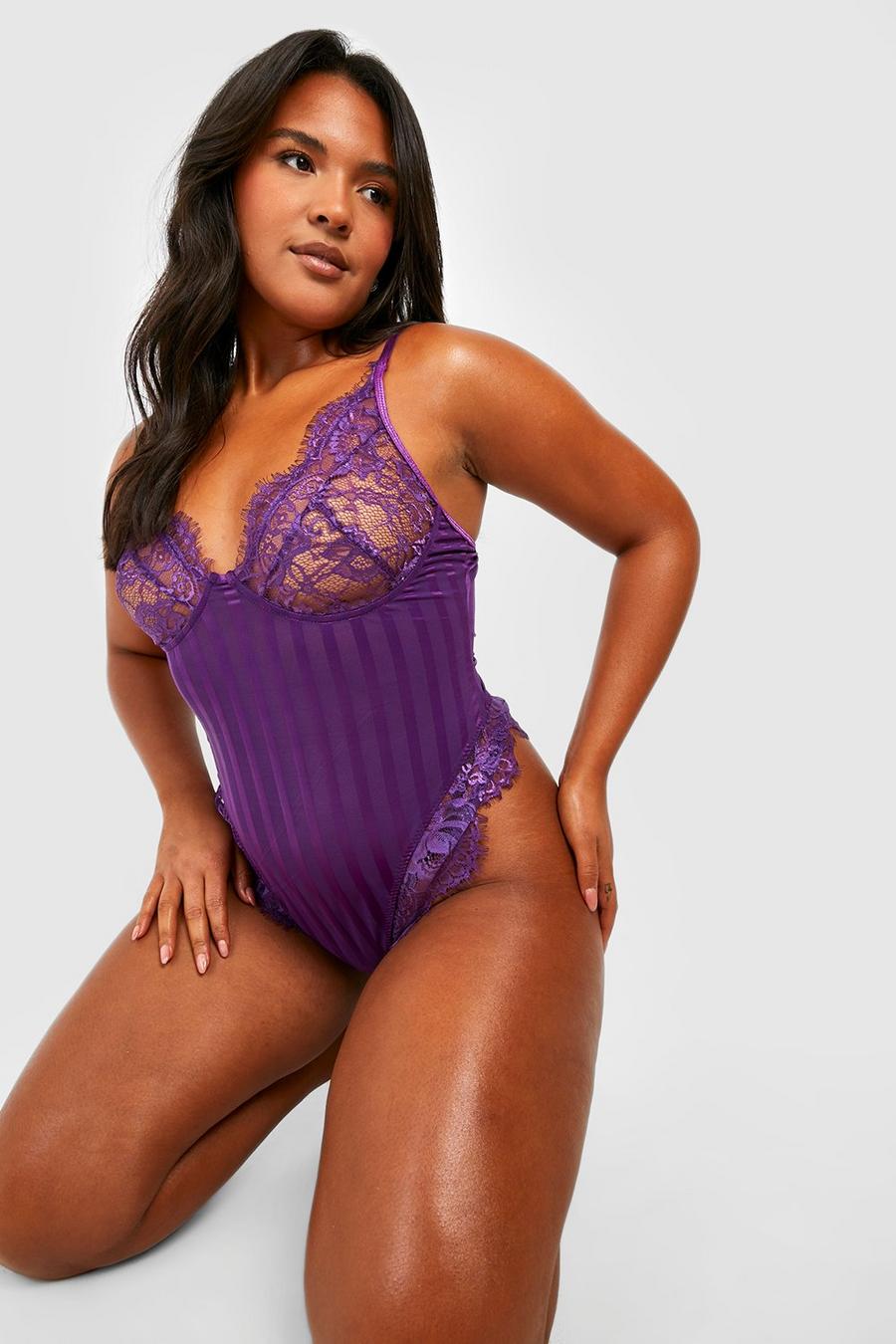 Purple Plus Lace Stripe Bodysuit image number 1