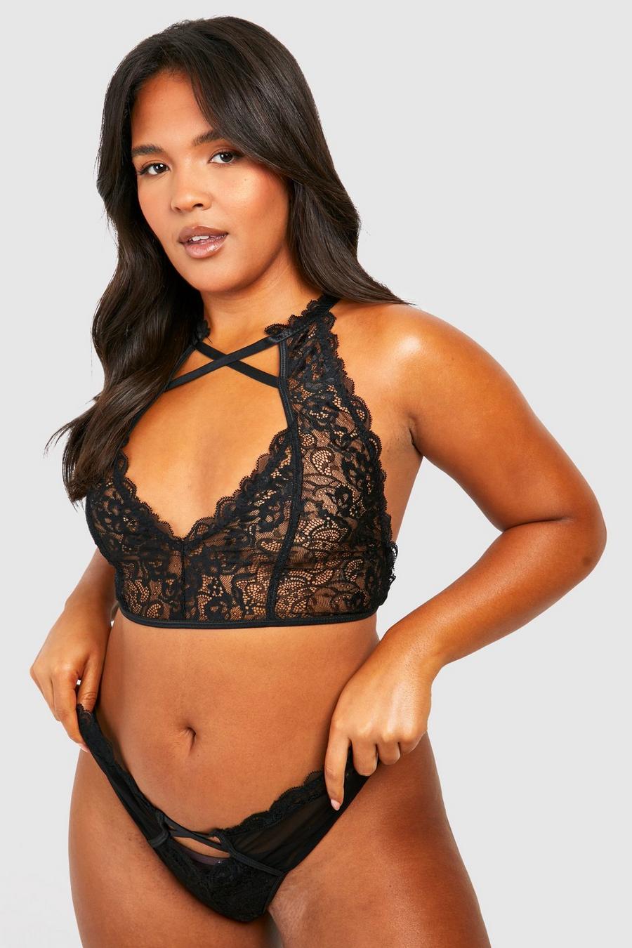 Black Plus Lace Up Strapping Lingerie Set