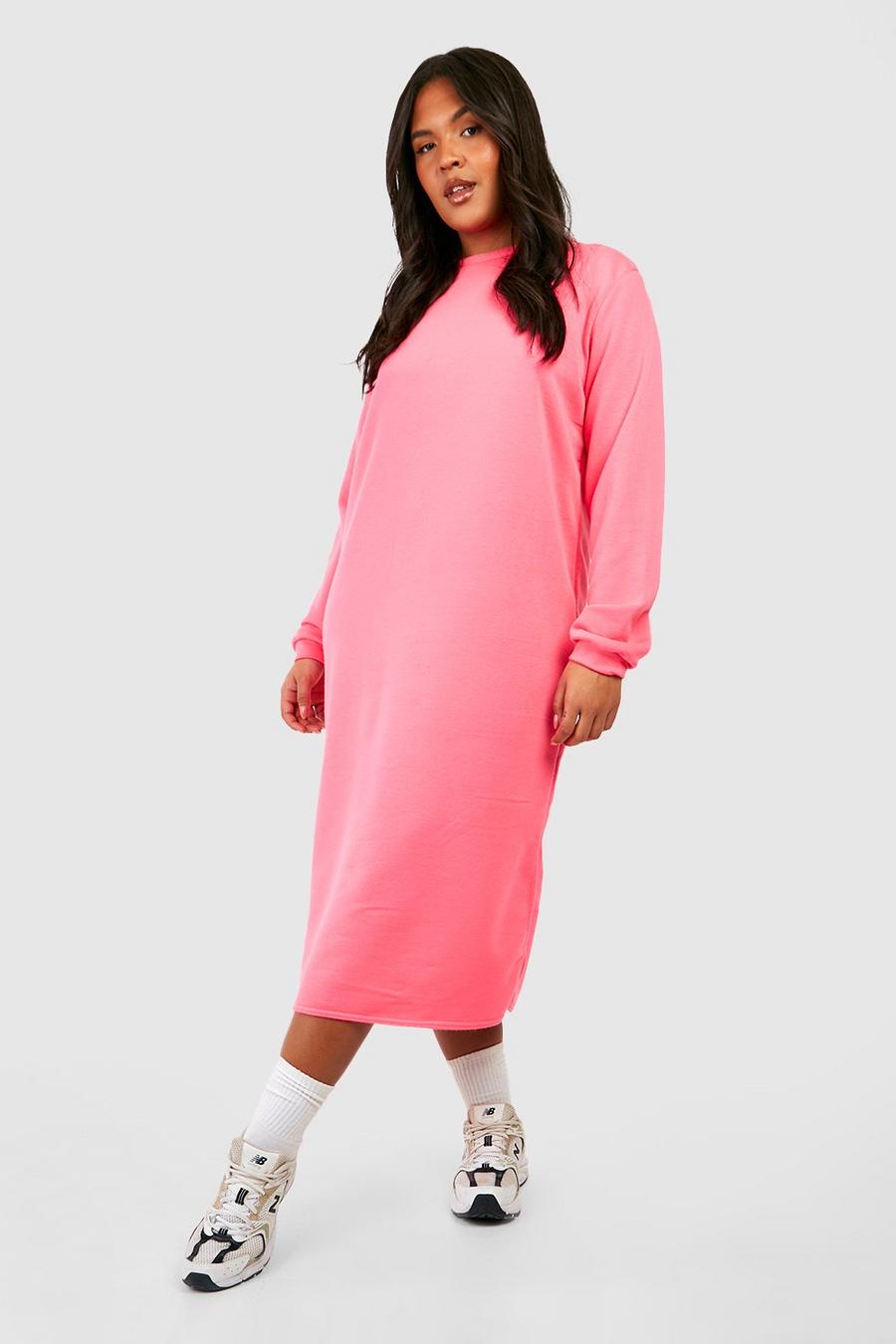 Vestido sudadera Plus oversize largo con abertura, Hot pink