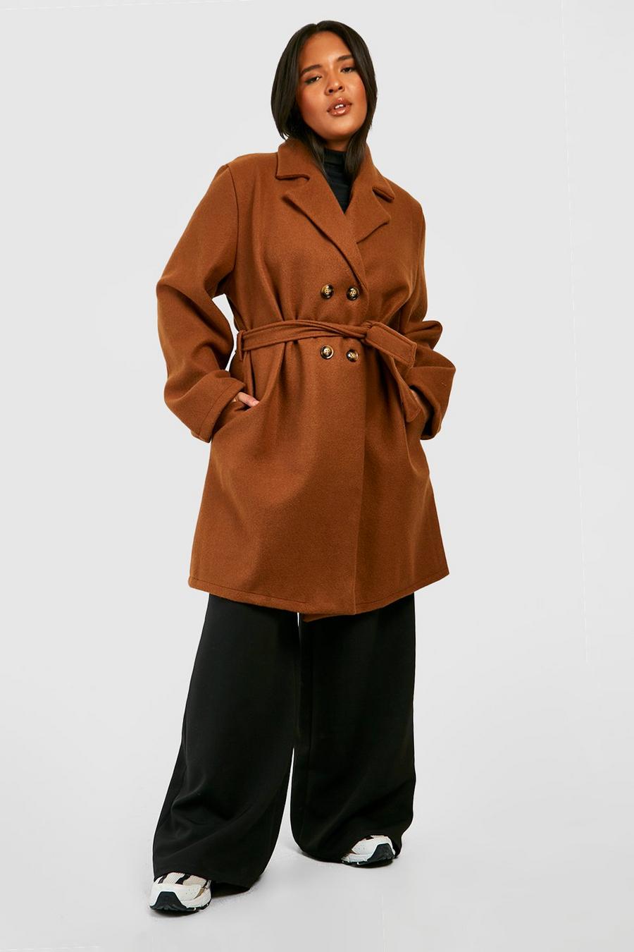Chocolate brown Plus Belted Double Breasted Wool Look Coat
