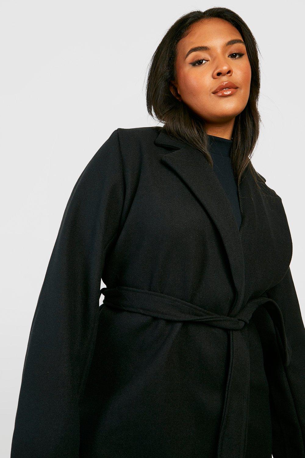 Women s Plus Belted Wool Look Coat Boohoo UK