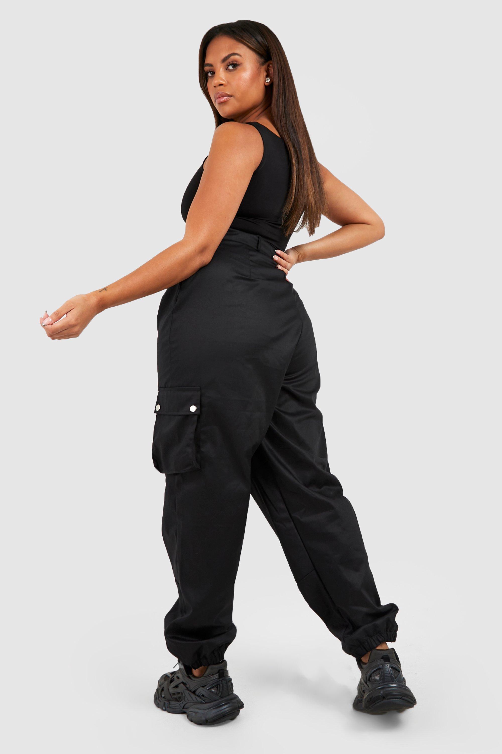 Plus Black Cargo Cuffed Sweatpants, Plus Size