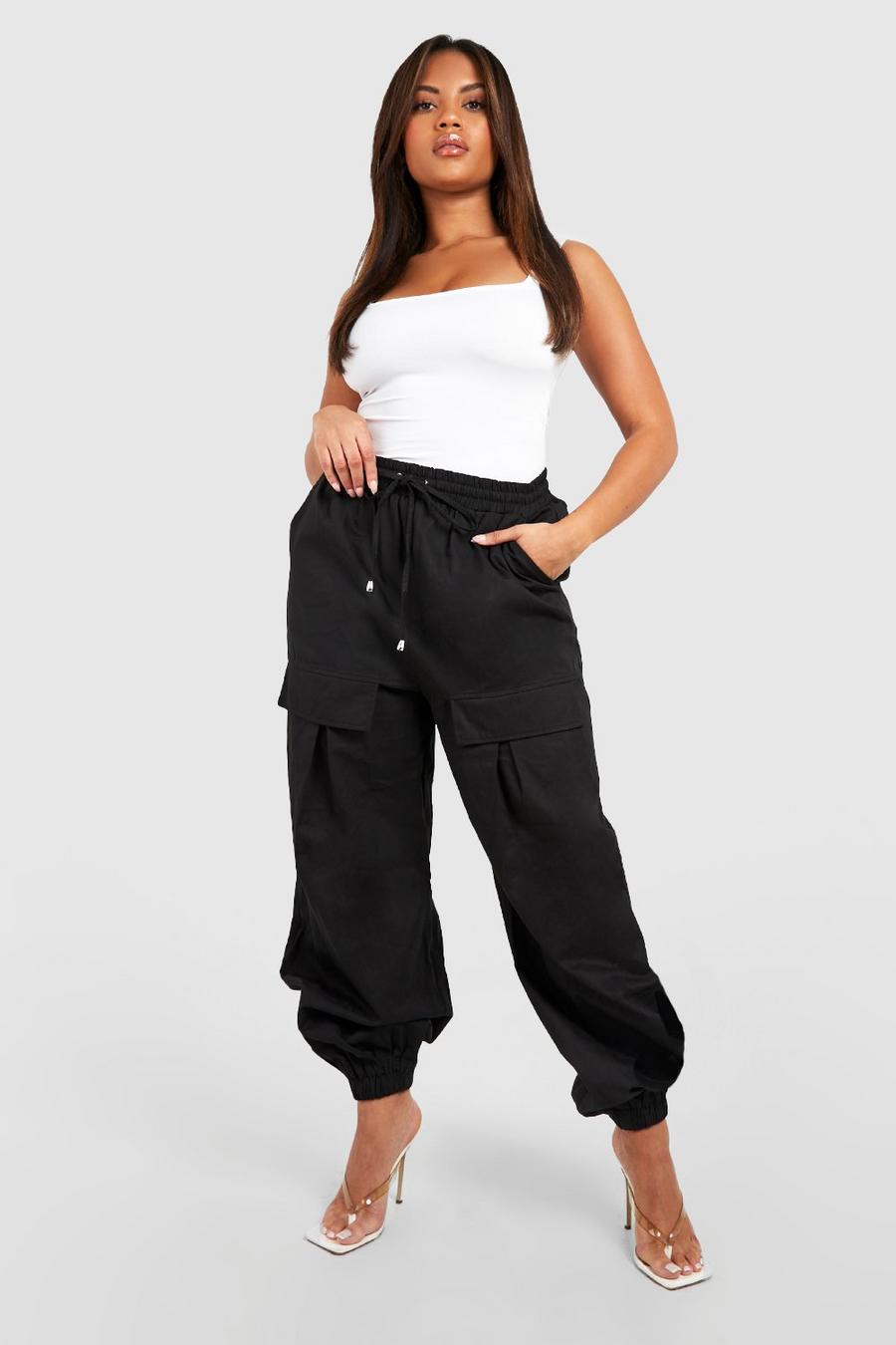 Pantaloni tuta Cargo Plus Size in tessuto, Black image number 1