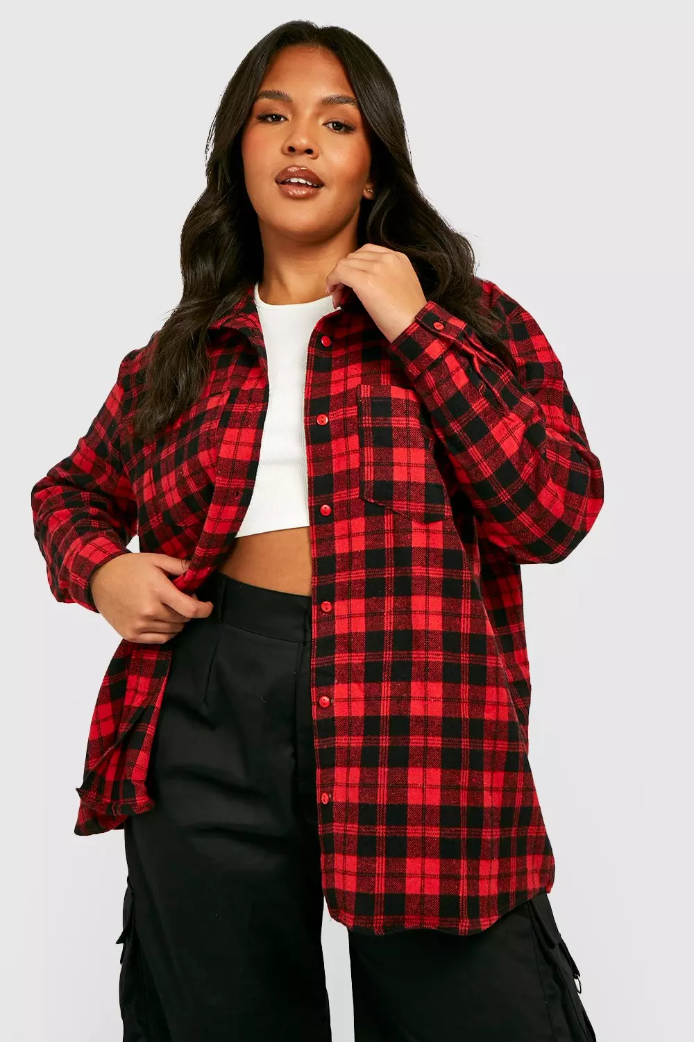 Plus size red check shirt sales