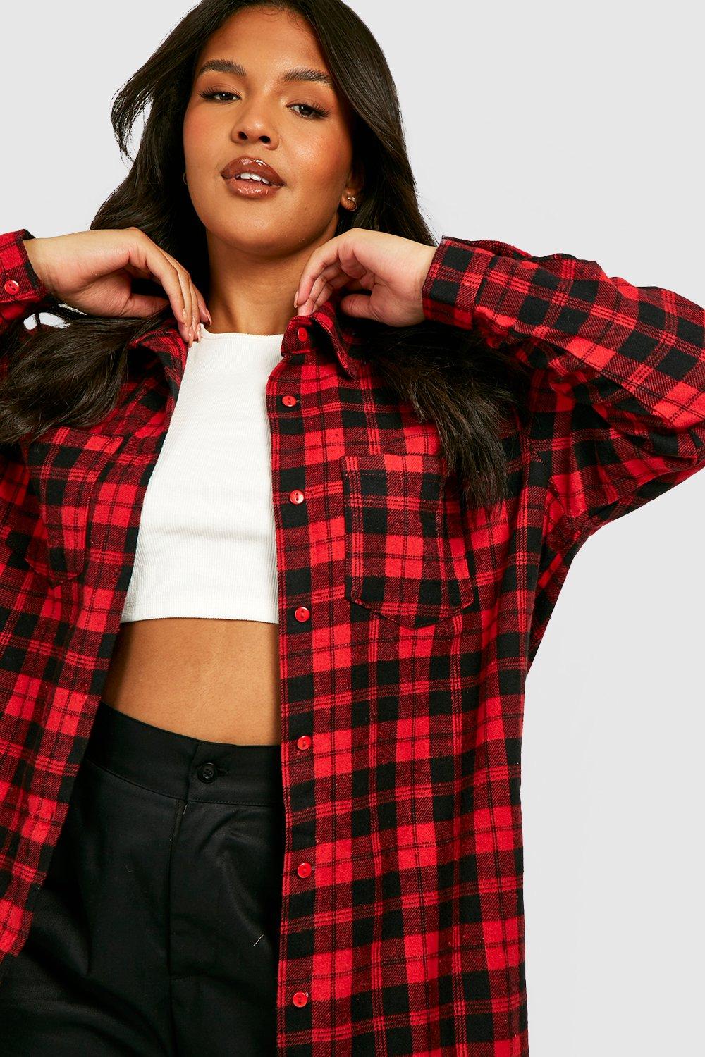 Womens Checked Shirt Ladies Red & Black Plaid Check Casual Shirt Summer  Tops UK