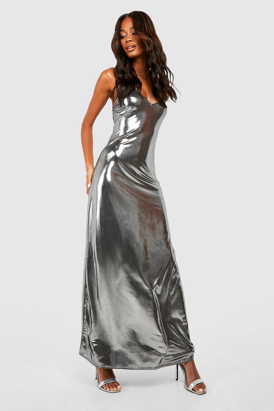 Silver Metallic Strappy Maxi Dress image number 1