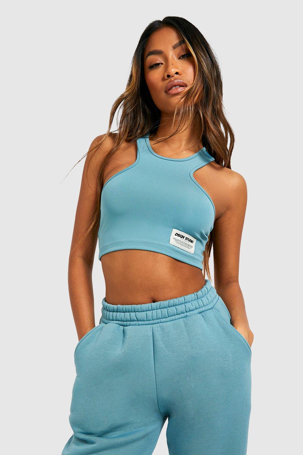 Woven Label Racer Neck Active Gym Crop Top boohoo CA