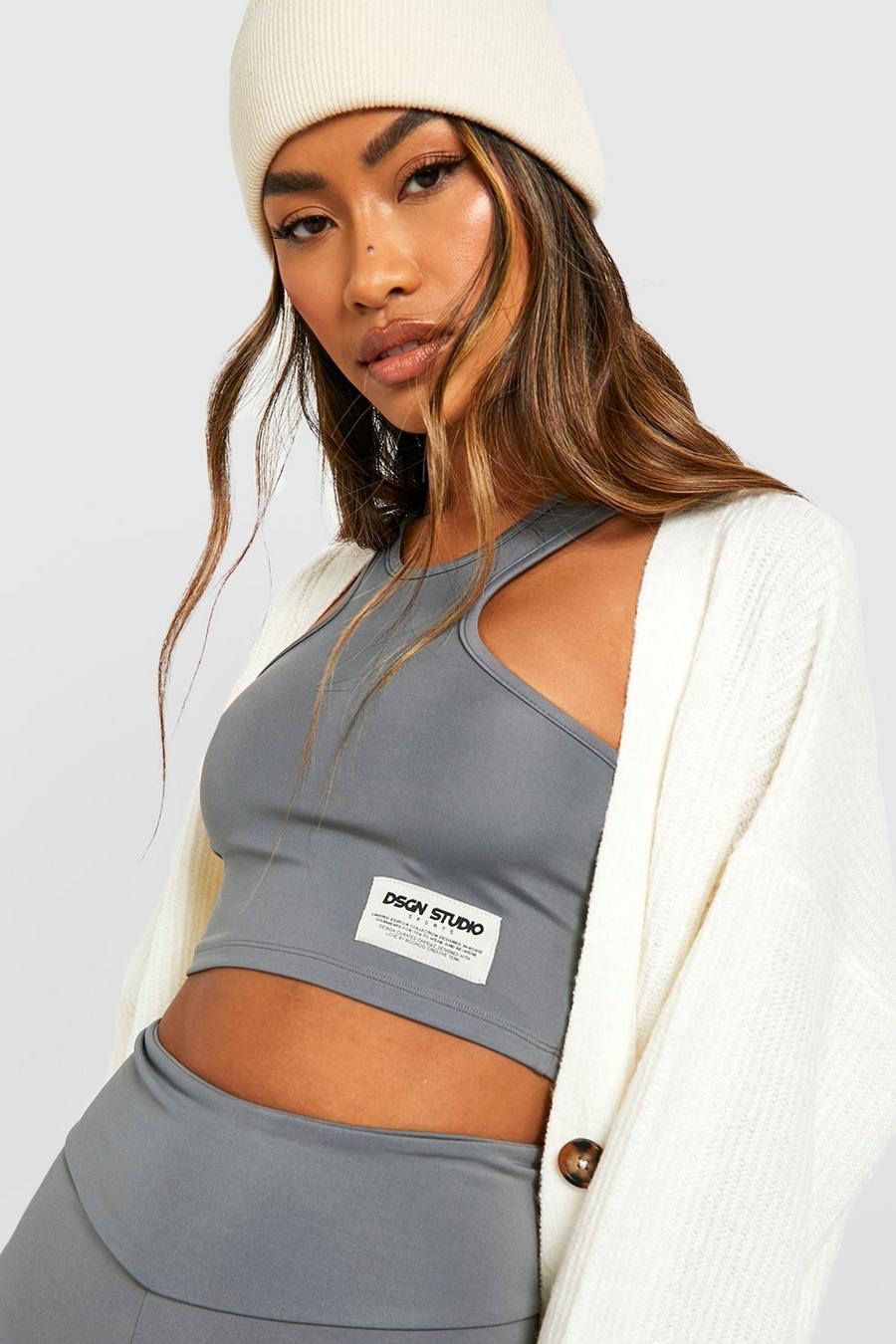 Charcoal Woven Label Racer Neck Active Gym Crop Top image number 1