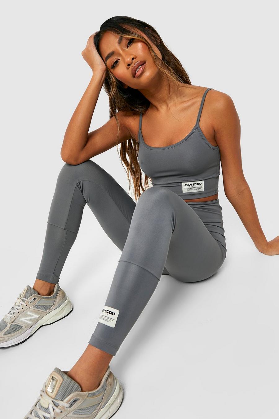 Charcoal grey Woven Label Strappy Gym Crop Top image number 1