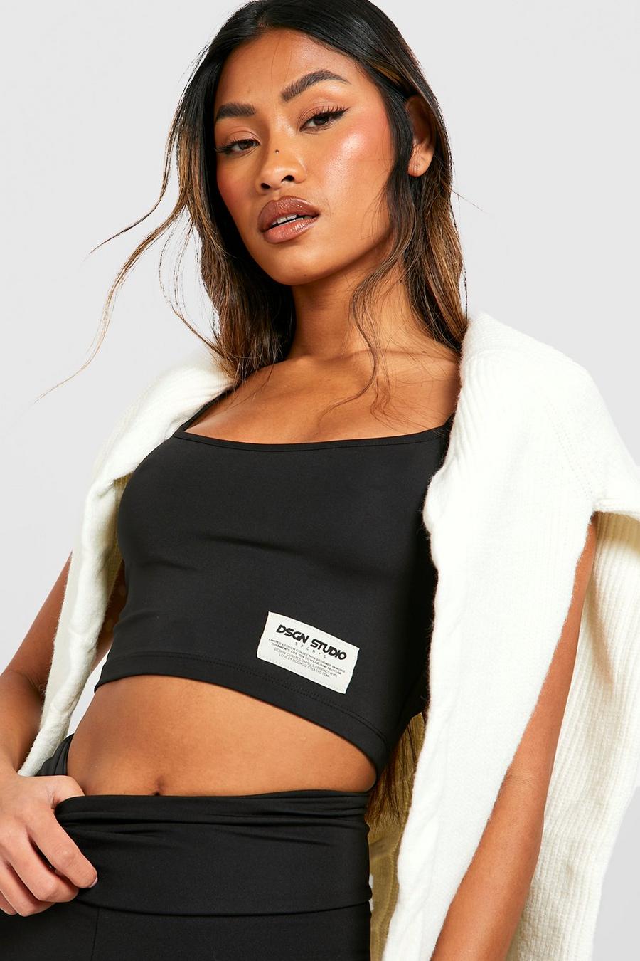 Black Woven Label Strappy Active Gym Crop Top image number 1