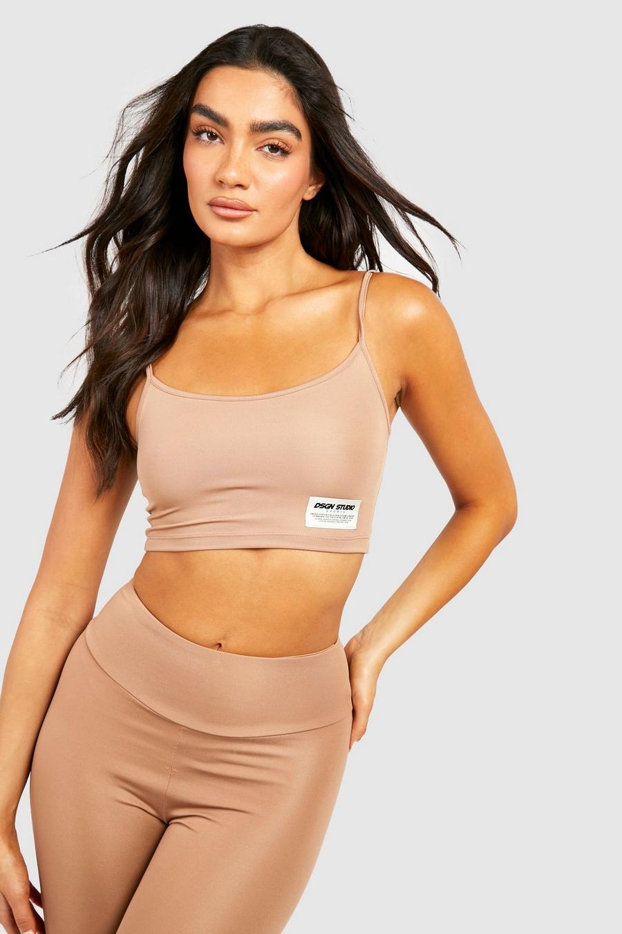 Taupe Woven Label Strappy Active Gym Crop Top image number 1