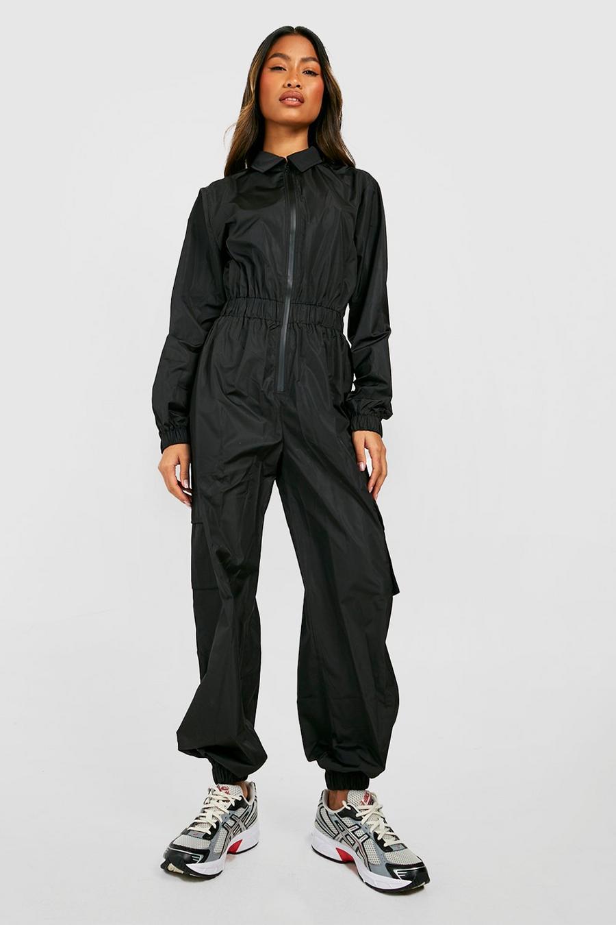 Black Zip Up Cargo Utility Shell Jumpsuit