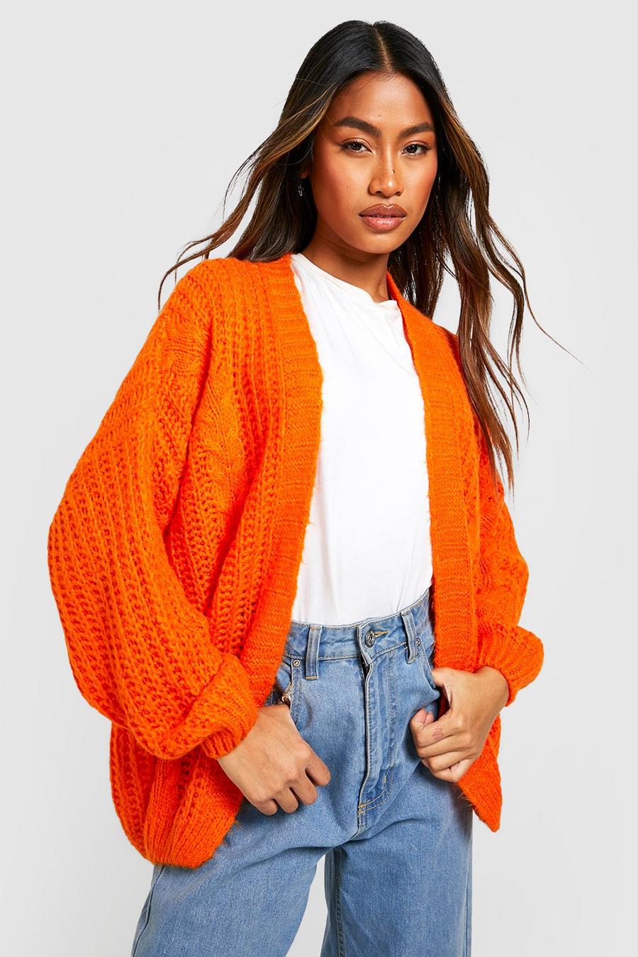 Orange Soft Brushed Knit Cable Knit Boyfriend Cardigan