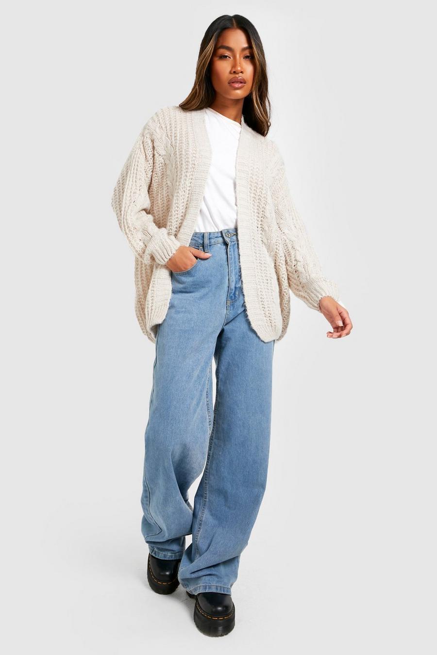 Stone Soft Brushed Knit Cable Knit Boyfriend Cardigan image number 1