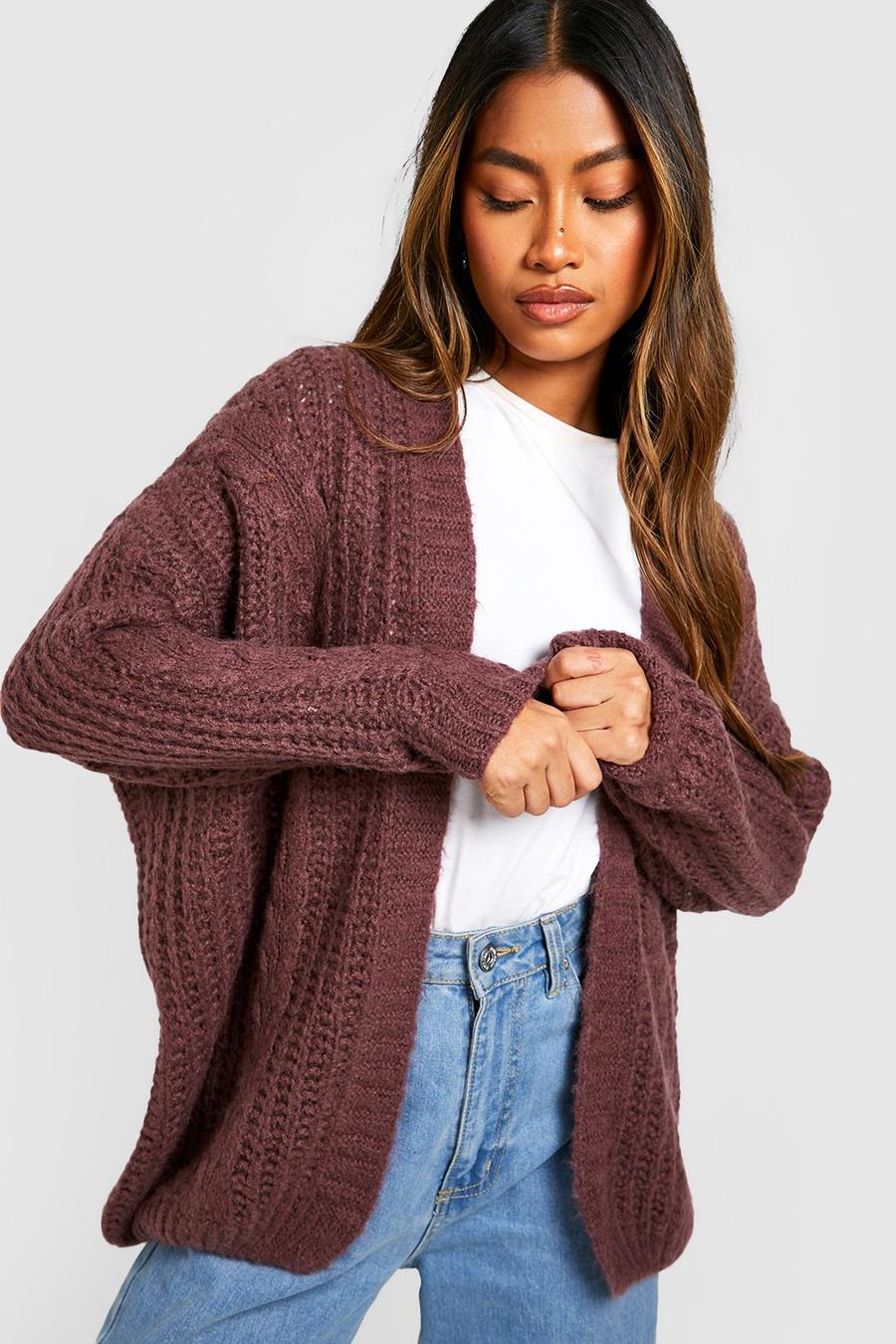 Taupe Soft Brushed Knit Cable Knit Boyfriend Cardigan image number 1