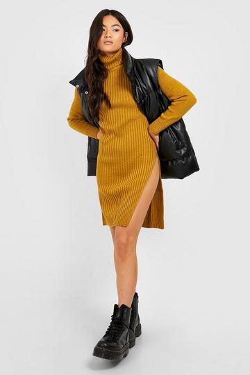 Turtleneck Rib Knit Split Hem Knitted Dress mustard