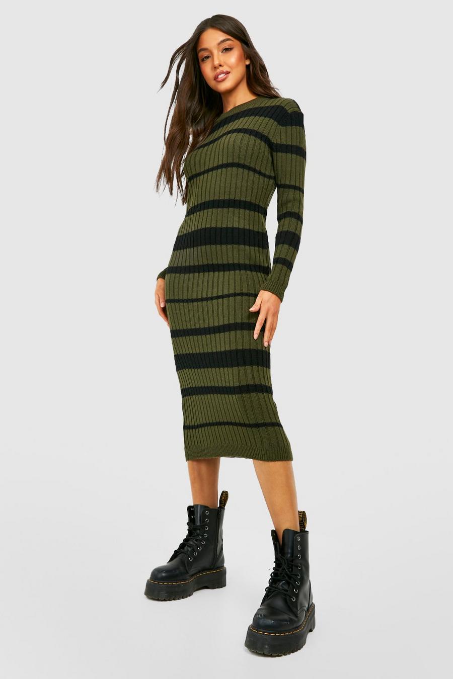 Khaki Stripe Knitted Midi Dress