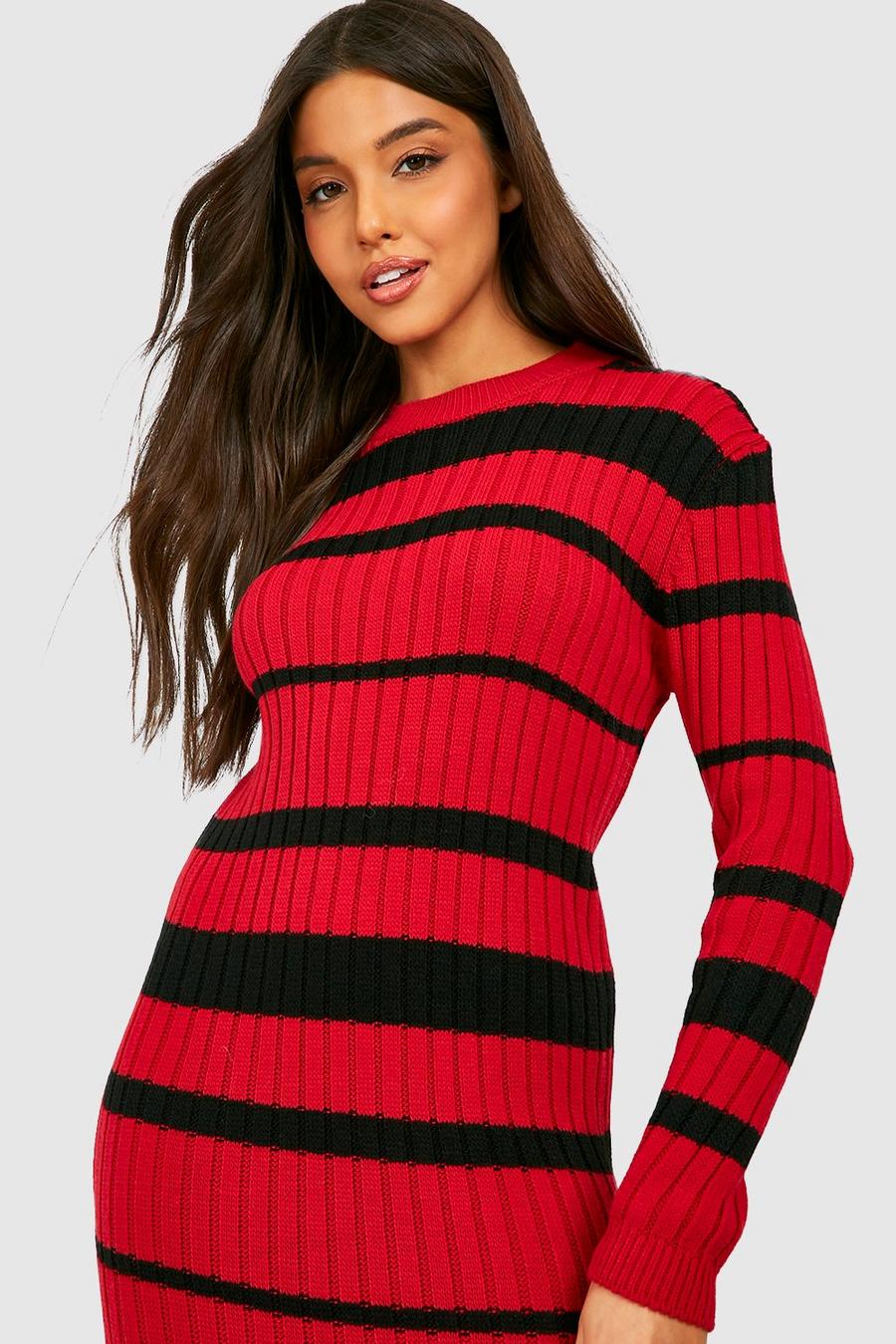 Red Stripe Knitted Midi Dress