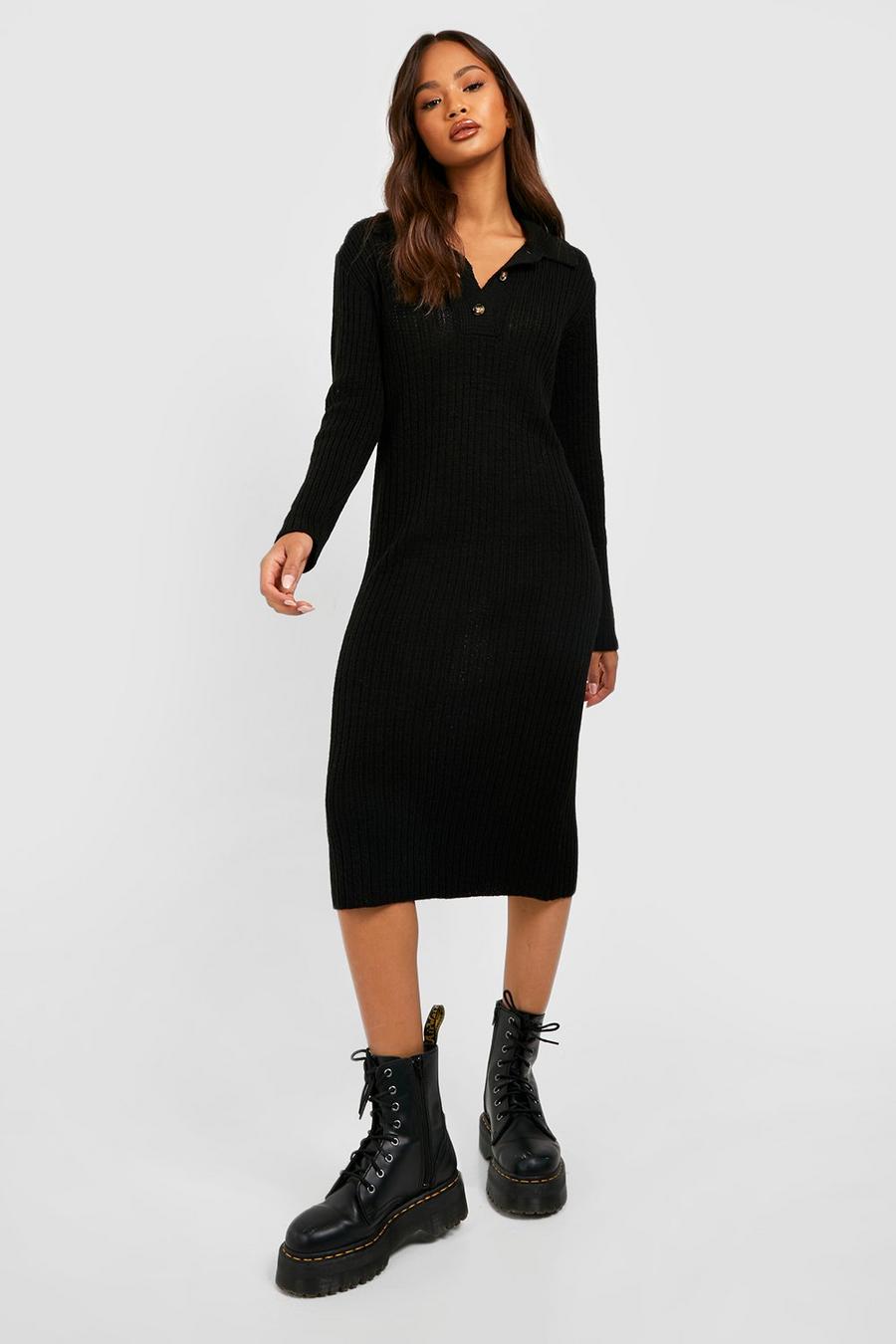 Black Collared Knitted Maxi Dress image number 1
