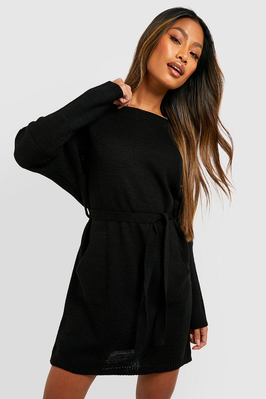 Black Belted Knitted Mini Dress image number 1