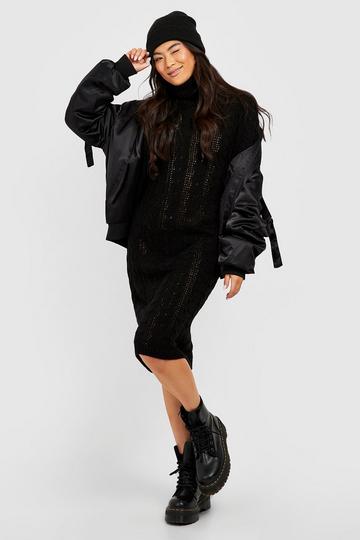 Turtleneck Cable Knit Midi Dress black