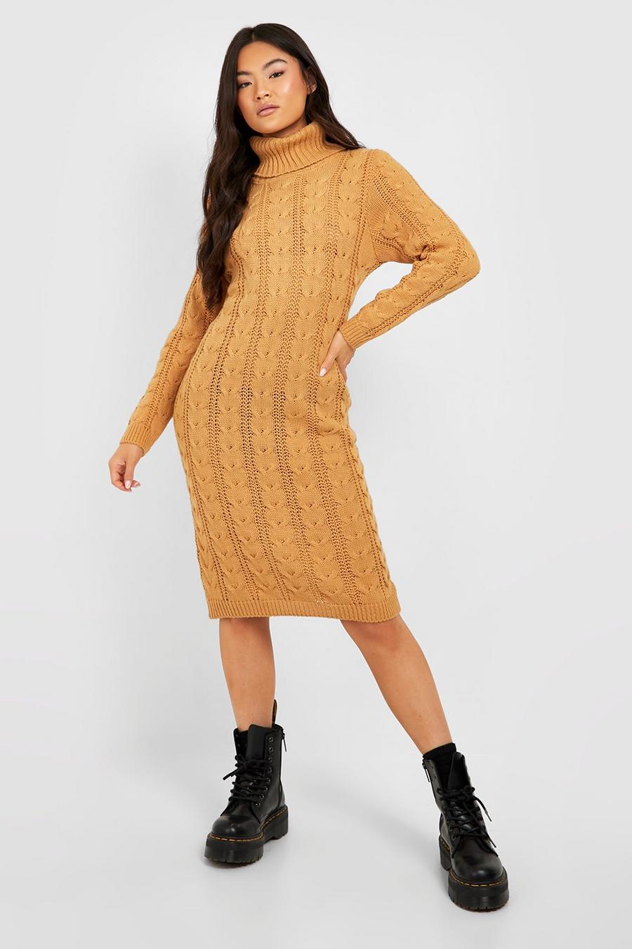 Camel Roll Neck Cable Knit Midi Dress image number 1