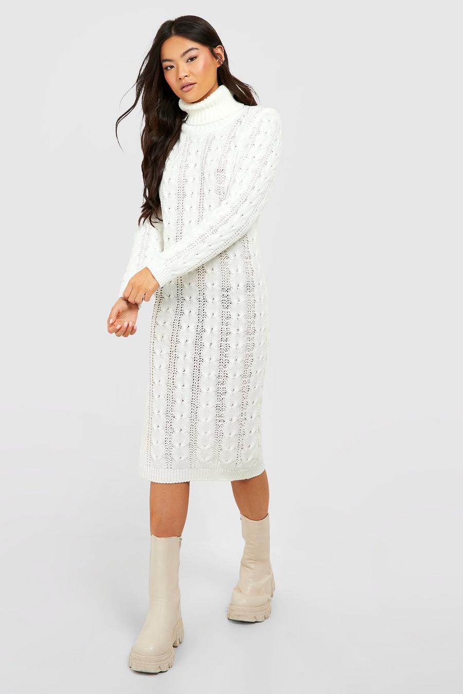 Cream white Turtleneck Cable Knit Midi Dress