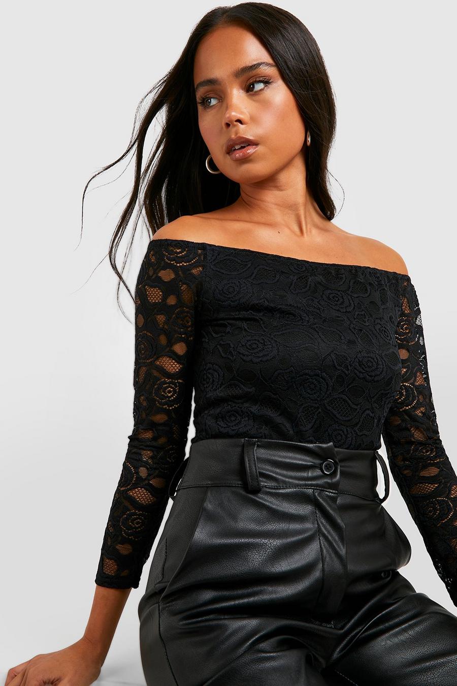 Black Petite Lace Bardot Long Sleeve Bodysuit image number 1