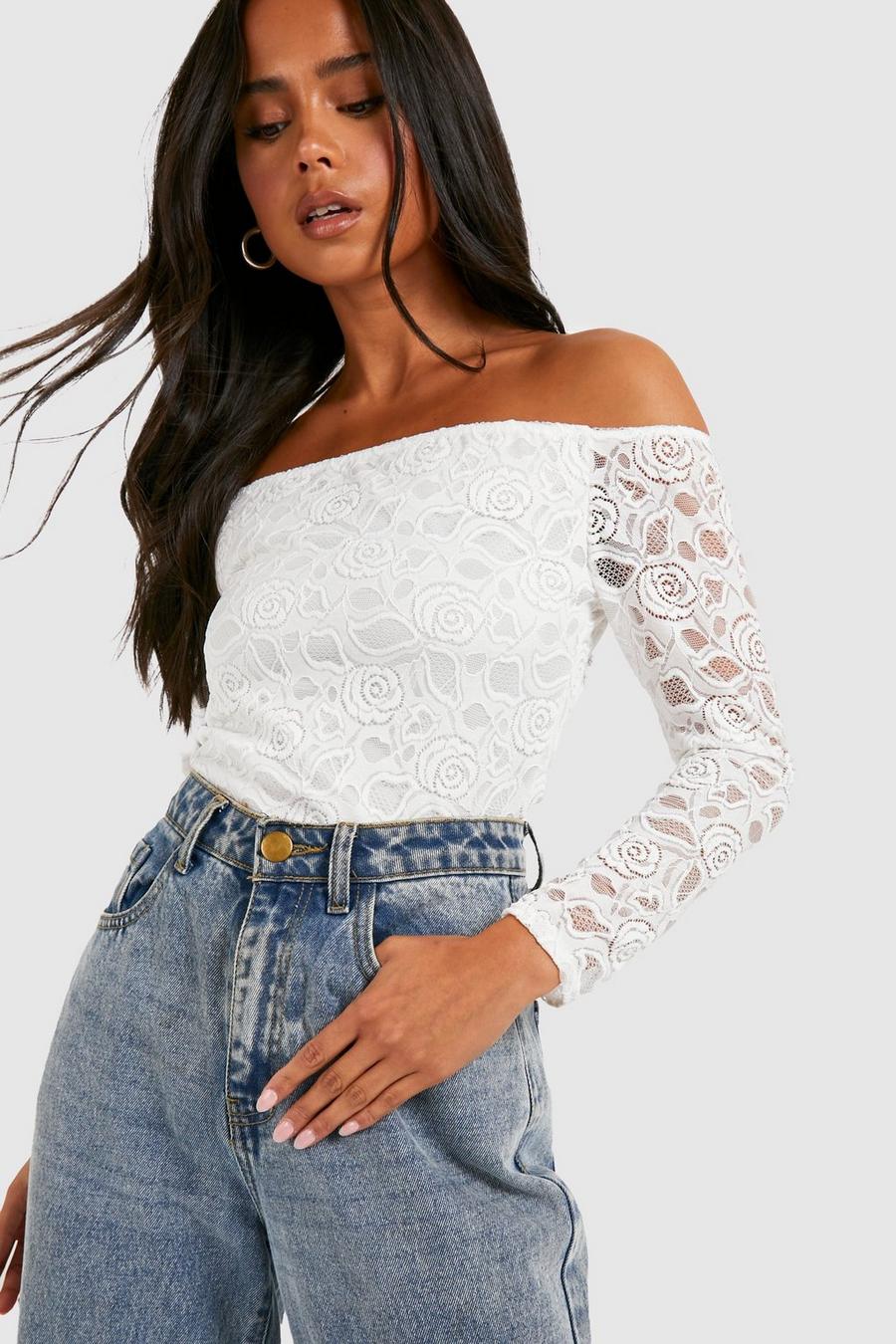 White Petite Lace Off The Shoulder Long Sleeve Bodysuit image number 1