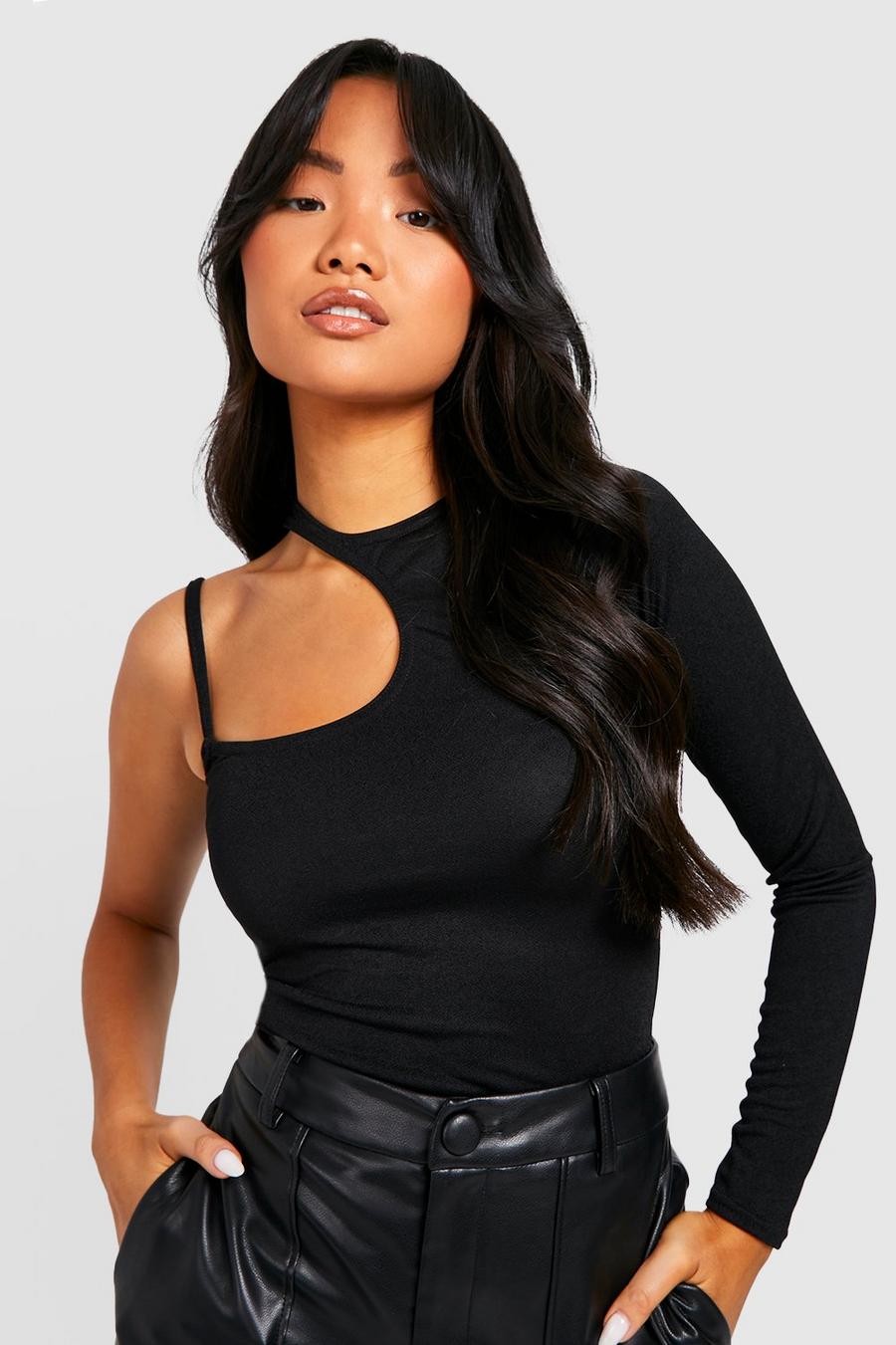Black Petite Asymmetric Cut Out Long Sleeve Bodysuit image number 1