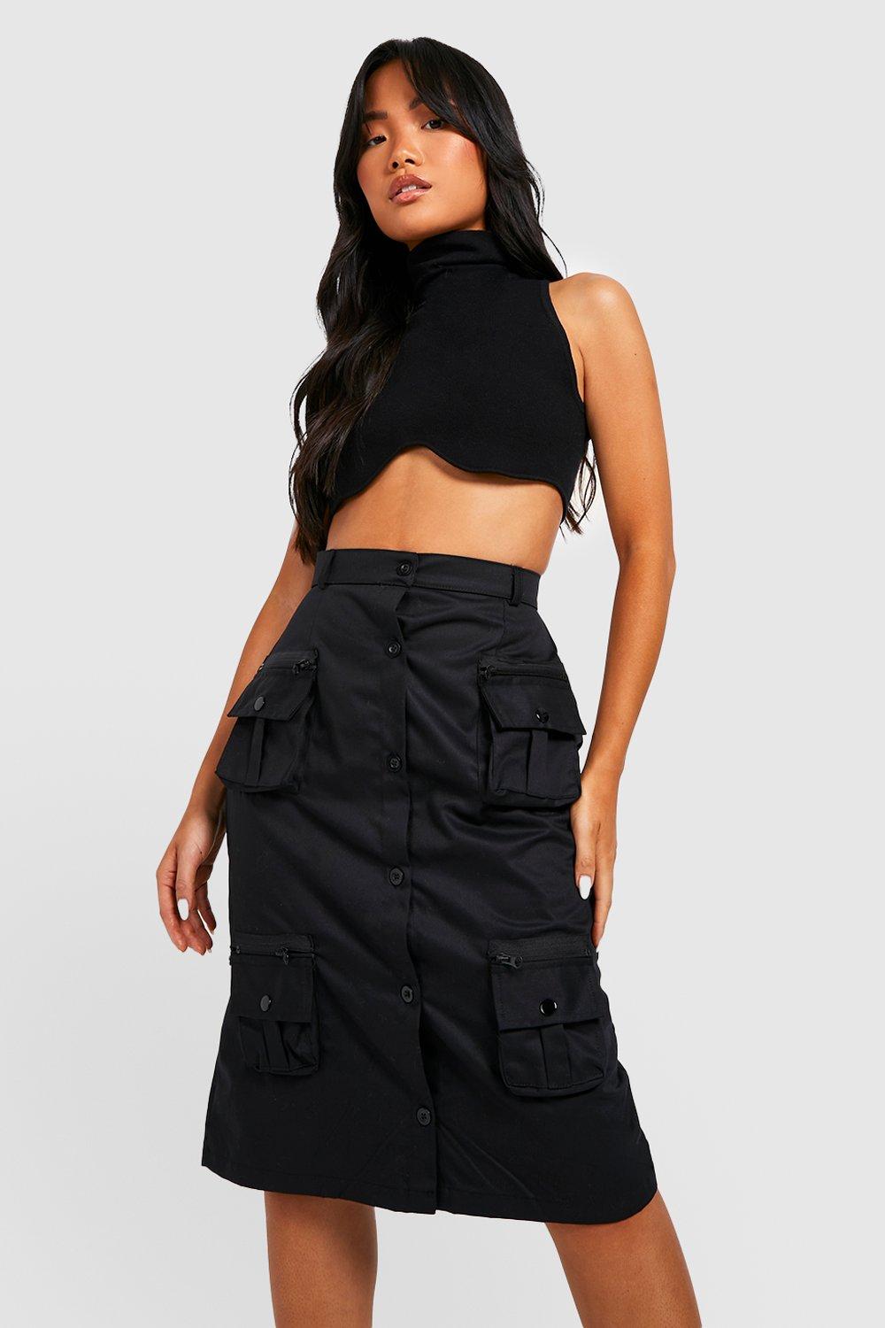 Petite Cargo Pocket Zip Detail Midi Skirt | boohoo