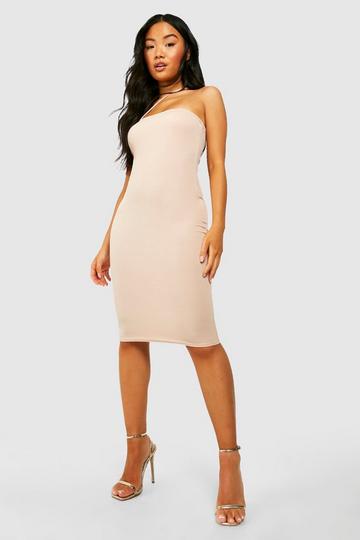 Petite Asymmetric Strap Bandeau Midi Dress stone
